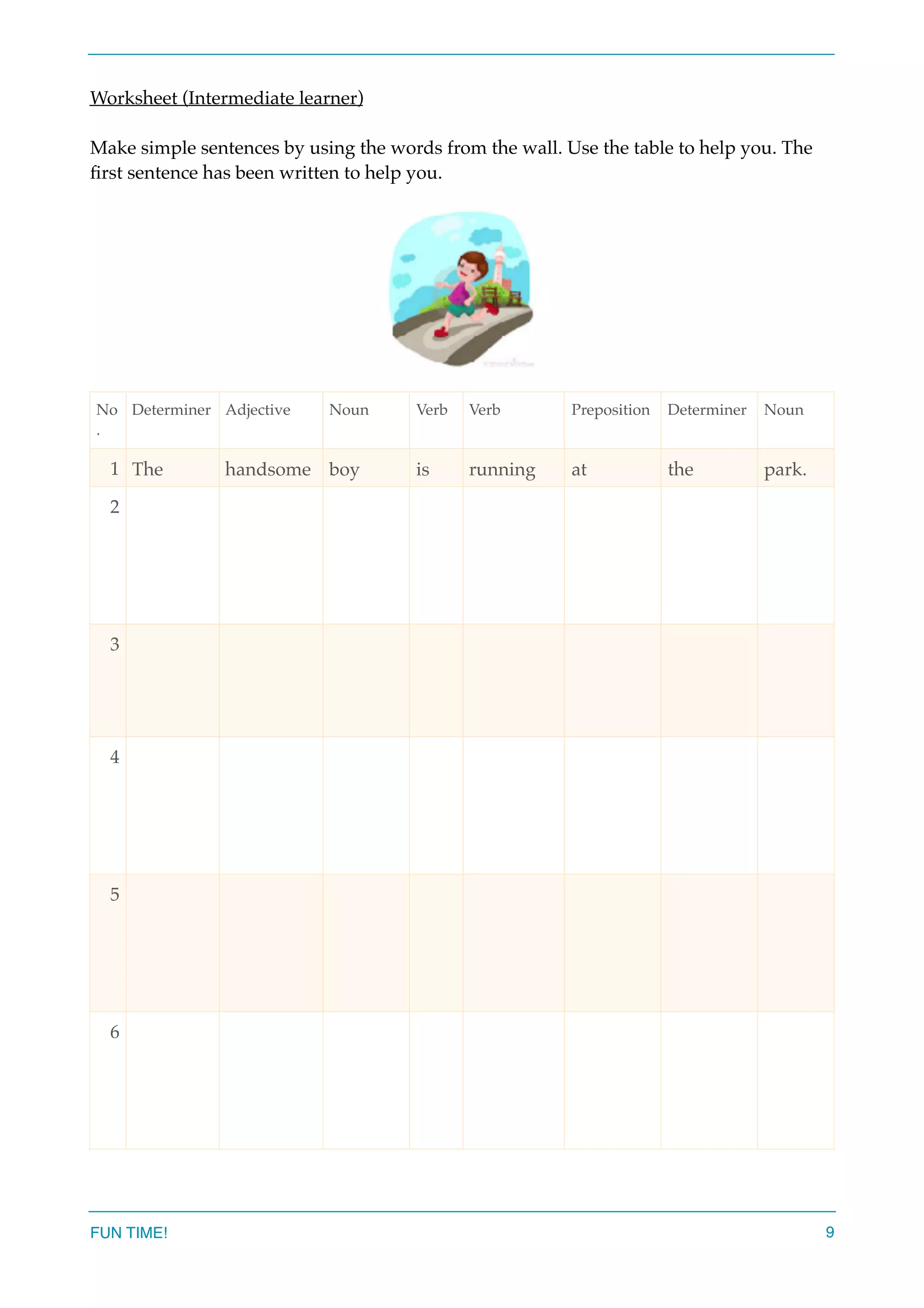 Worksheet (Intermediate learner)
Make simple sentences by using the words from the wall. Use the table to help you. The
ﬁrst sentence has been written to help you.
No
.
Determiner Adjective Noun Verb Verb Preposition Determiner Noun
1 The handsome boy is running at the park.
2
3
4
5
6
FUN TIME! 9
 