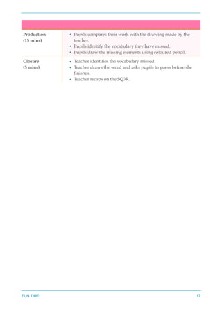 Production
(15 mins)
• Pupils compares their work with the drawing made by the
teacher.
• Pupils identify the vocabulary they have missed.
• Pupils draw the missing elements using coloured pencil.
Closure
(5 mins)
• Teacher identiﬁes the vocabulary missed.
• Teacher draws the word and asks pupils to guess before she
ﬁnishes.
• Teacher recaps on the SQ3R.
FUN TIME! 17
 