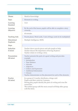 Writing
Theme : World of knowledge
Topic : Elements in writing
Learning
Standard
: 3.2.2
Learning
Objective
: By the end of the lesson, pupils will be able to complete a story
correctly.
: 60 minutes
Teaching Aids : Puzzle pieces, Word cards, 3 sets of bingo cards (to be multiplied)
Educational
Emphasis
: Multiple Intelligence, HOTs
Steps :
Induction
(5 mins)
Teacher shows puzzle pieces and asks pupils to help.
Teacher discuss the importance of having all pieces.
Teacher relates to writing a story.
Presentation
(20 mins)
Teacher presents the parts of a good writing and provides
example.
• Introduction
• Time Markers
• Adverbs
• Adjectives
• Linkers and Expression
• Additional Information
• Closure
Teacher demonstrates on the placement for each of the elements.
Practice
(15 mins)
In a group of 3, teacher distributes a bingo card.
Pupils read their cards for 2 minutes.
During play, pupils identify the parts of writing and cross the
correct box.
The earliest group with the most crossed will help other group
with the items.
FUN TIME! 27
 