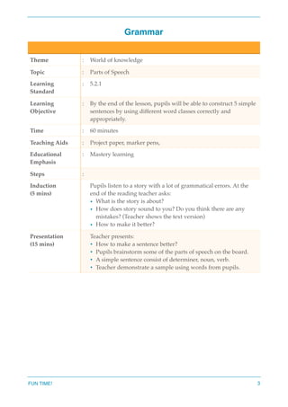 Grammar
Theme : World of knowledge
Topic : Parts of Speech
Learning
Standard
: 5.2.1
Learning
Objective
: By the end of the lesson, pupils will be able to construct 5 simple
sentences by using different word classes correctly and
appropriately.
Time : 60 minutes
Teaching Aids : Project paper, marker pens,
Educational
Emphasis
: Mastery learning
Steps :
Induction
(5 mins)
Pupils listen to a story with a lot of grammatical errors. At the
end of the reading teacher asks:
• What is the story is about?
• How does story sound to you? Do you think there are any
mistakes? (Teacher shows the text version)
• How to make it better?
Presentation
(15 mins)
Teacher presents:
• How to make a sentence better?
• Pupils brainstorm some of the parts of speech on the board.
• A simple sentence consist of determiner, noun, verb.
• Teacher demonstrate a sample using words from pupils.
FUN TIME! 3
 