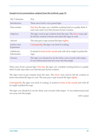 Sample text for presentation, adapted from the textbook, page 74.
There once lived a proud tiger. One day, the tiger saw a buffalo working hard at a paddy
ﬁeld. It said, man rules over him because he has wisdom.
The tiger went to get wisdom from the man. The clever man said he left his wisdom at
home and asked the tiger to wait. The man put a rope around the tiger tightly.
Consequently, the tiger was tired of waiting. It started to foam at the mouth and with all
its might it pulled the rope.
The tiger was shocked to see his shiny coat covered with stripes. It was embarrassed and
ran away into the jungle.
(107 words)
The 7 elements Text
Introduction There once lived a very proud tiger.
Time marker One day, the tiger saw a buffalo working hard at a paddy ﬁeld. It
said, man rules over him because he has wisdom.
Adjective The tiger went to get wisdom from the man. The clever man said
he left his wisdom at home and asked the tiger to wait.
Adverb The man put a rope around the tiger tightly.
Linkers and
Expression
Consequently, the tiger was tired of waiting.
Additional
Information
It started to foam at the mouth and with all its might it pulled the
rope.
Closure The tiger was shocked to see his shiny coat covered with stripes.
It was embarrassed and ran away into the jungle.
FUN TIME! 30
 