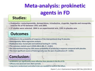 Studies:
• Prokinetics: metoclopramide, domperidone, trimebutine, cisapride, itopride and mosapride,
used for Rx of FD between 1951 and 2005.
• 27 studies were selected. 1844 in an experimental arm, 1591 in placebo arm
Outcomes
•Difference in the probability of response of the interventional drug VS placebo.
•Heterogeneity: Meta-regression analysis.
•Publication bias: funnel plot and statistical testing (P = 0.975).
•The summary statistic was 0.295[0.208-0.382, P < 0.001]
•the interventional drug has 30% excess probability of producing a response compared with placebo.
•The most significant source of heterogeneity was the year of publication (P < 0.001)
Conclusion:
•prokinetics are significantly more effective than placebo in the Rx of FD.
•efficacy was assessed over short periods.
•Long-term randomized controlled trials are needed to confirm the effect.
Hiyama T., et al. J Gastroenterol Hepatol 2007 Mar;22(3):304-10
 