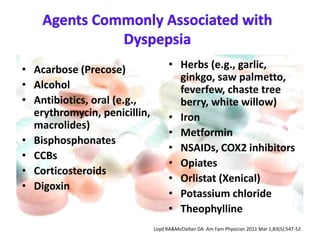• Acarbose (Precose)
• Alcohol
• Antibiotics, oral (e.g.,
erythromycin, penicillin,
macrolides)
• Bisphosphonates
• CCBs
• Corticosteroids
• Digoxin
• Herbs (e.g., garlic,
ginkgo, saw palmetto,
feverfew, chaste tree
berry, white willow)
• Iron
• Metformin
• NSAIDs, COX2 inhibitors
• Opiates
• Orlistat (Xenical)
• Potassium chloride
• Theophylline
Loyd RA&McClellan DA .Am Fam Physician 2011 Mar 1;83(5):547-52
 