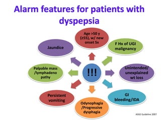 !!!
Age >50 y
(≥55), w/ new
onset Sx F Hx of UGI
malignancy
Unintended/
unexplained
wt loss
GI
bleeding/IDA
Odynophagia
/Progressive
dysphagia
Persistent
vomiting
Palpable mass
/lymphadeno
pathy
Jaundice
ASGE Guideline 2007
 