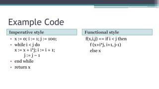Example Code
Imperative style Functional style
• x := 0; i := 1; j := 100;
• while i < j do
x := x + i*j; i := i + 1;
j := j – 1
• end while
• return x
f(x,i,j) == if i < j then
f (x+i*j, i+1, j-1)
else x
 