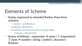 Elements of Scheme
• Syntax expressed in extended Backus-Naur form
notation
▫ -> means - is defined as
▫ | indicates alternative
▫ {} encloses an item seen zero or more times
▫ ‘ ‘ encloses a literal item
• Syntax of Scheme - expression  atom | ‘(‘ {expression}
’)’ atom  number | string | symbol | character |
Boolean
 