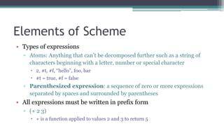 Elements of Scheme
• Types of expressions
▫ Atoms: Anything that can’t be decomposed further such as a string of
characters beginning with a letter, number or special character
 2, #t, #f, “hello”, foo, bar
 #t = true, #f = false
▫ Parenthesized expression: a sequence of zero or more expressions
separated by spaces and surrounded by parentheses
• All expressions must be written in prefix form
▫ (+ 2 3)
 + is a function applied to values 2 and 3 to return 5
 