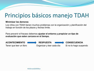 Principios básicos manejo TDAH
Minimizar las demoras
Los niños con TDAH tienen muchos problemas con la organización y planificación del
trabajo en función de los plazos y fechas límite.
Para prevenir el fracaso debemos ajustar el entorno y propiciar un tipo de
evaluación que esten cercana en el tiempo.
ACONTECIMIENTO RESPUESTA CONSECUENCIA
Tener que leer un libro Organizar y leer cada día Si no lo hago suspendo
#dislexiatdahbilbao
 