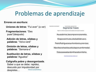Problemas de aprendizaje
Errores en escritura:
Uniones de letras: “Fui aver” (a ver)
Fragmentaciones: “Des
pues”(después)
Adición de letras, sílabas y
palabras: “Vol-e-veré”
Omisión de letras, sílabas y
palabras: “Semana-s”
Sustitución de letras, sílabas y
palabras:”Aguelos”
Caligrafía pobre y desorganizada.
Saber a que se debe: rapidez,
descuido por impulsividad por
despistes… #dislexiatdahbilbao
 
