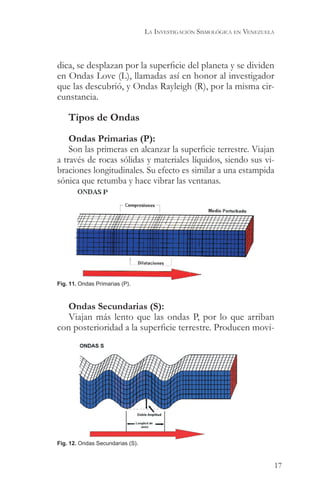 LA INVESTIGACIÓN SISMOLÓGICA EN VENEZUELA



dica, se desplazan por la superficie del planeta y se dividen
en Ondas Love (L), llamadas así en honor al investigador
que las descubrió, y Ondas Rayleigh (R), por la misma cir-
cunstancia.

    Tipos de Ondas

    Ondas Primarias (P):
    Son las primeras en alcanzar la superficie terrestre. Viajan
a través de rocas sólidas y materiales líquidos, siendo sus vi-
braciones longitudinales. Su efecto es similar a una estampida
sónica que retumba y hace vibrar las ventanas.




Fig. 11. Ondas Primarias (P).



  Ondas Secundarias (S):
  Viajan más lento que las ondas P, por lo que arriban
con posterioridad a la superficie terrestre. Producen movi-




Fig. 12. Ondas Secundarias (S).



                                                                              17
 