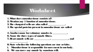 Worksheet
1. What does musculartissue consists of?
2. Mention any 1 function of musculartissue.
3. The elongated cells are also called ______________.
4. The special proteins present in musculartissue are called
______________.
5. Anothername forvoluntary muscles is ____________.
6. Name the three types of muscle fibres.
7. Heart muscle cells are _____________, ______________, and
______________.
8. State whetherthe following questions are true orfalse.
i. Musculartissue is responsible formovement in ourbody.
ii. We can move any muscle by conscious will.
 