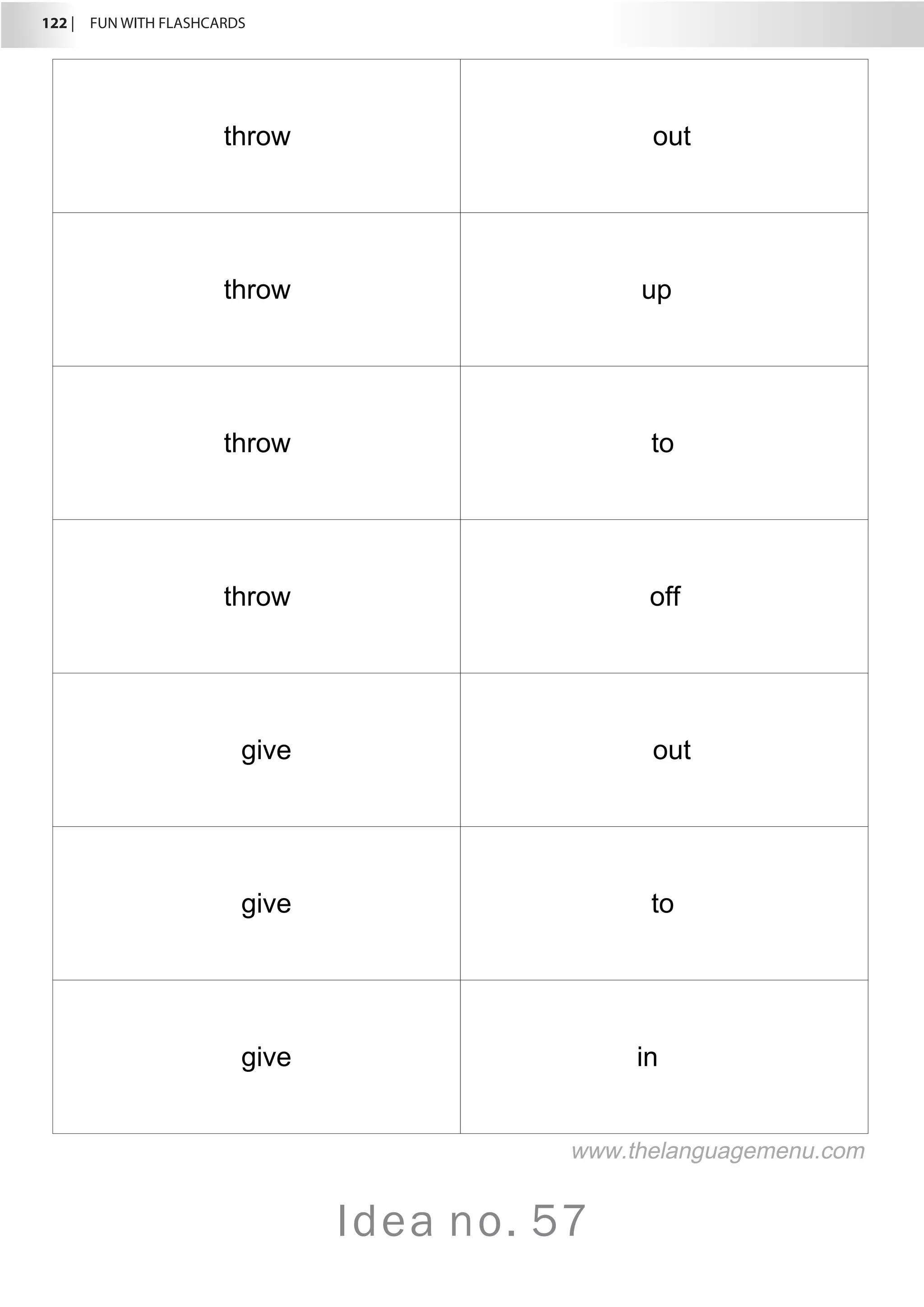 122 |  FUN WITH FLASHCARDS
Idea no. 57
throw out
throw up
throw to
throw off
give out
give to
give in
www.thelanguagemenu.com
 