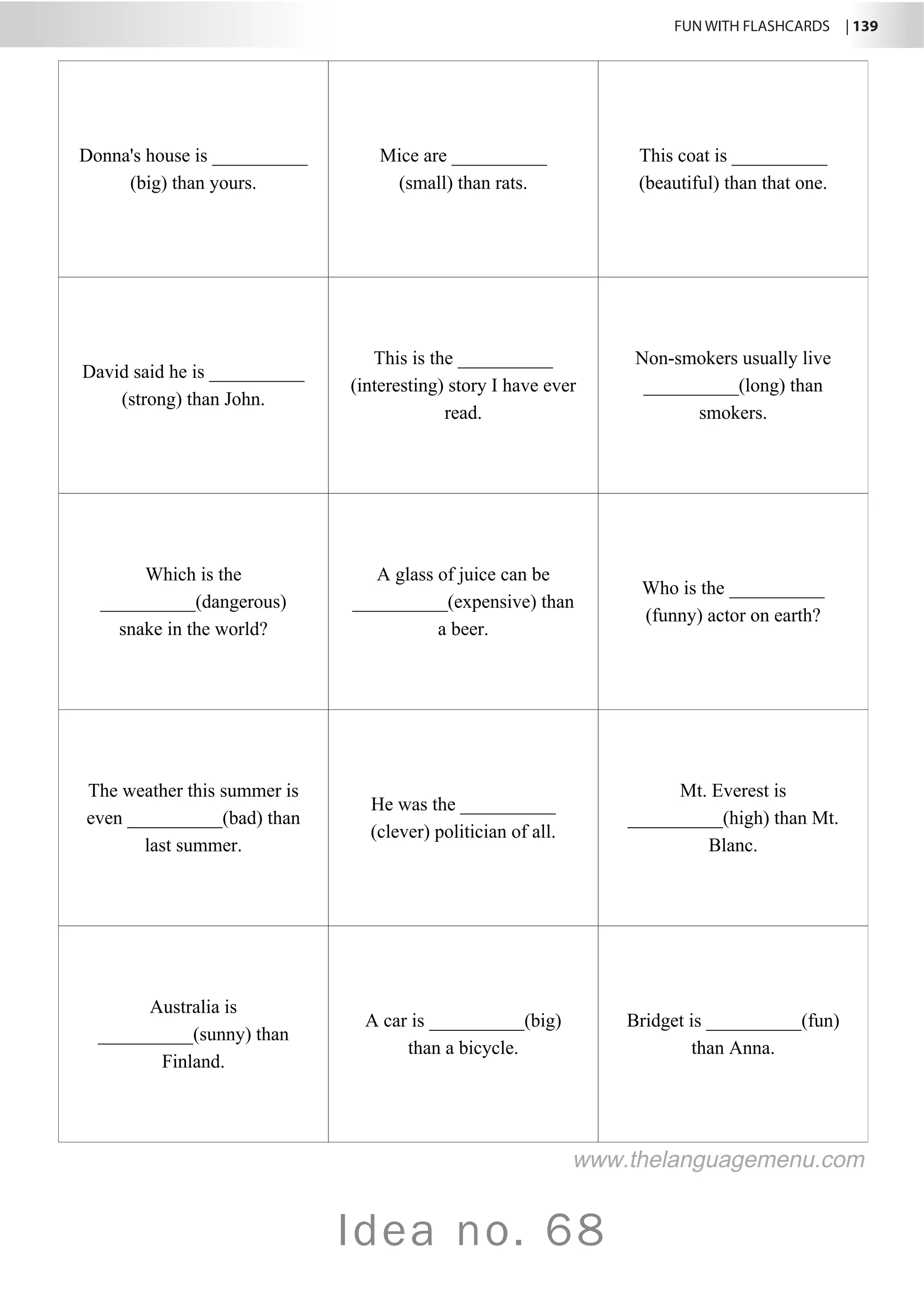 FUN WITH FLASHCARDS | 139
Idea no. 68
Donna's house is __________
(big) than yours.
Mice are __________
(small) than rats.
This coat is __________
(beautiful) than that one.
David said he is __________
(strong) than John.
This is the __________
(interesting) story I have ever
read.
Non-smokers usually live
__________(long) than
smokers.
Which is the
__________(dangerous)
snake in the world?
A glass of juice can be
__________(expensive) than
a beer.
Who is the __________
(funny) actor on earth?
The weather this summer is
even __________(bad) than
last summer.
He was the __________
(clever) politician of all.
Mt. Everest is
__________(high) than Mt.
Blanc.
Australia is
__________(sunny) than
Finland.
A car is __________(big)
than a bicycle.
Bridget is __________(fun)
than Anna.
www.thelanguagemenu.com
 