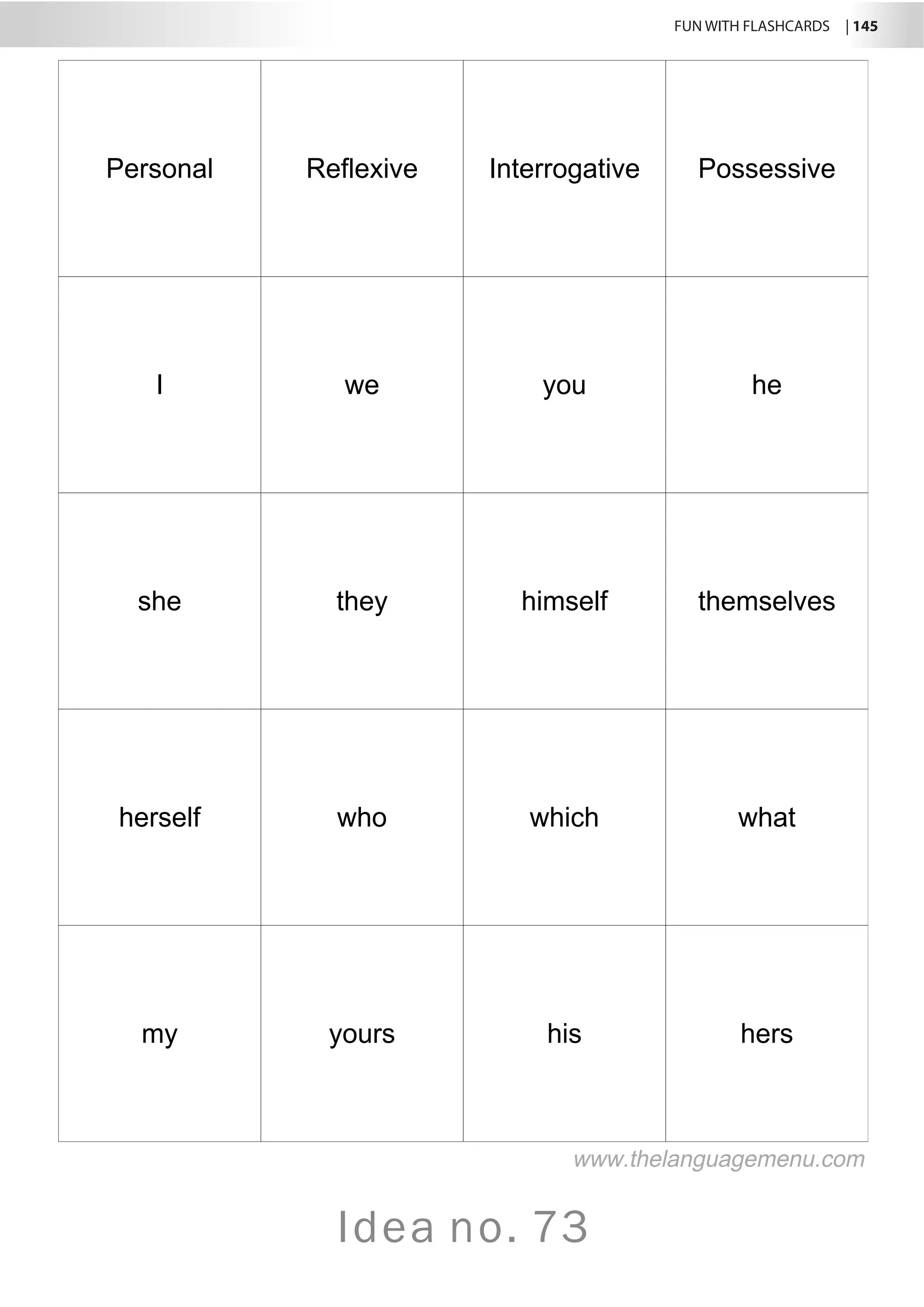 FUN WITH FLASHCARDS | 145
Idea no. 73
Personal Reflexive Interrogative Possessive
I we you he
she they himself themselves
herself who which what
my yours his hers
www.thelanguagemenu.com
 