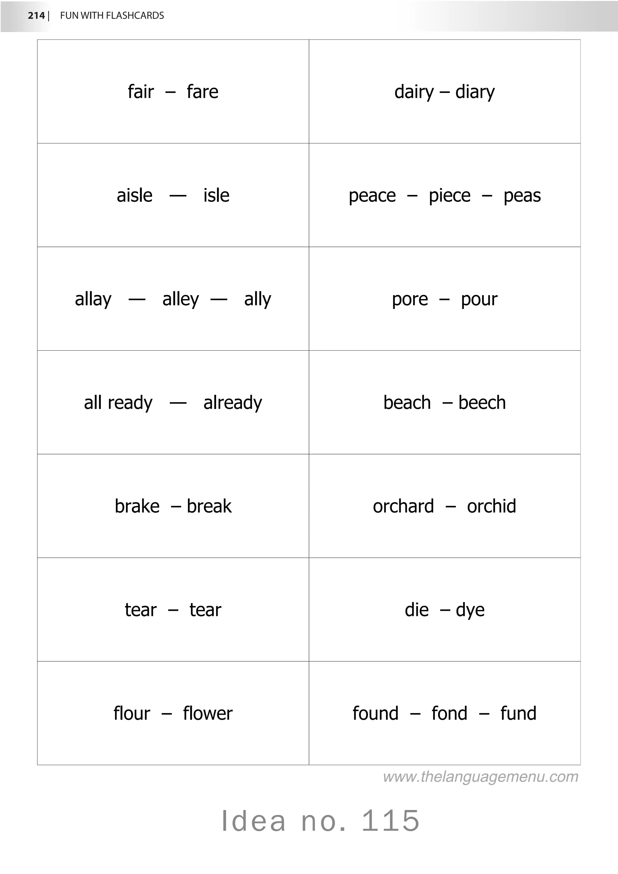 214 |  FUN WITH FLASHCARDS
Idea no. 115
fair – fare dairy – diary
aisle — isle peace – piece – peas
allay — alley — ally pore – pour
all ready — already beach – beech
brake – break orchard – orchid
tear – tear die – dye
flour – flower found – fond – fund
www.thelanguagemenu.com
 