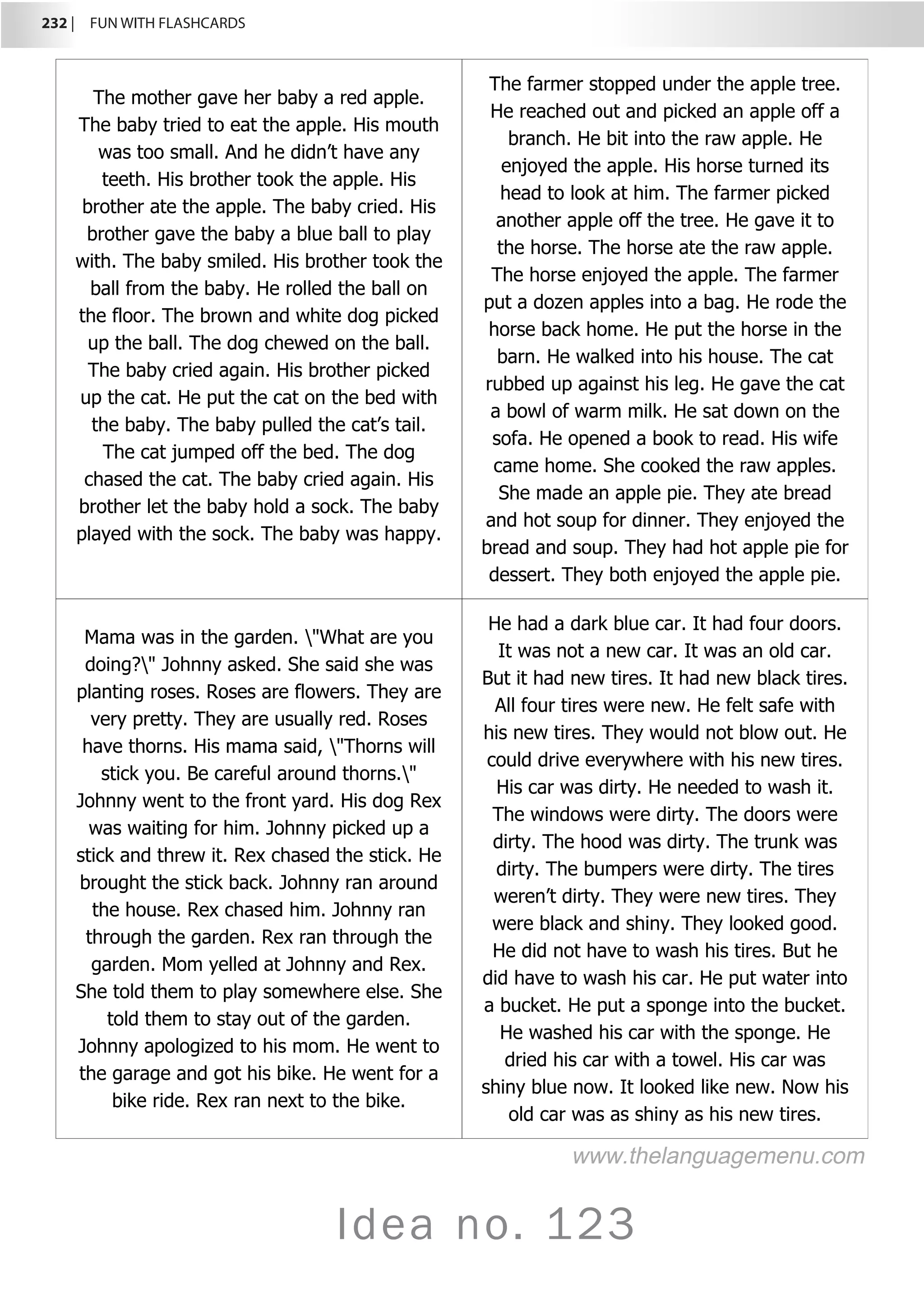 232 |  FUN WITH FLASHCARDS
Idea no. 123
The mother gave her baby a red apple.
The baby tried to eat the apple. His mouth
was too small. And he didn’t have any
teeth. His brother took the apple. His
brother ate the apple. The baby cried. His
brother gave the baby a blue ball to play
with. The baby smiled. His brother took the
ball from the baby. He rolled the ball on
the floor. The brown and white dog picked
up the ball. The dog chewed on the ball.
The baby cried again. His brother picked
up the cat. He put the cat on the bed with
the baby. The baby pulled the cat’s tail.
The cat jumped off the bed. The dog
chased the cat. The baby cried again. His
brother let the baby hold a sock. The baby
played with the sock. The baby was happy.
The farmer stopped under the apple tree.
He reached out and picked an apple off a
branch. He bit into the raw apple. He
enjoyed the apple. His horse turned its
head to look at him. The farmer picked
another apple off the tree. He gave it to
the horse. The horse ate the raw apple.
The horse enjoyed the apple. The farmer
put a dozen apples into a bag. He rode the
horse back home. He put the horse in the
barn. He walked into his house. The cat
rubbed up against his leg. He gave the cat
a bowl of warm milk. He sat down on the
sofa. He opened a book to read. His wife
came home. She cooked the raw apples.
She made an apple pie. They ate bread
and hot soup for dinner. They enjoyed the
bread and soup. They had hot apple pie for
dessert. They both enjoyed the apple pie.
Mama was in the garden. What are you
doing? Johnny asked. She said she was
planting roses. Roses are flowers. They are
very pretty. They are usually red. Roses
have thorns. His mama said, Thorns will
stick you. Be careful around thorns.
Johnny went to the front yard. His dog Rex
was waiting for him. Johnny picked up a
stick and threw it. Rex chased the stick. He
brought the stick back. Johnny ran around
the house. Rex chased him. Johnny ran
through the garden. Rex ran through the
garden. Mom yelled at Johnny and Rex.
She told them to play somewhere else. She
told them to stay out of the garden.
Johnny apologized to his mom. He went to
the garage and got his bike. He went for a
bike ride. Rex ran next to the bike.
He had a dark blue car. It had four doors.
It was not a new car. It was an old car.
But it had new tires. It had new black tires.
All four tires were new. He felt safe with
his new tires. They would not blow out. He
could drive everywhere with his new tires.
His car was dirty. He needed to wash it.
The windows were dirty. The doors were
dirty. The hood was dirty. The trunk was
dirty. The bumpers were dirty. The tires
weren’t dirty. They were new tires. They
were black and shiny. They looked good.
He did not have to wash his tires. But he
did have to wash his car. He put water into
a bucket. He put a sponge into the bucket.
He washed his car with the sponge. He
dried his car with a towel. His car was
shiny blue now. It looked like new. Now his
old car was as shiny as his new tires.
www.thelanguagemenu.com
 