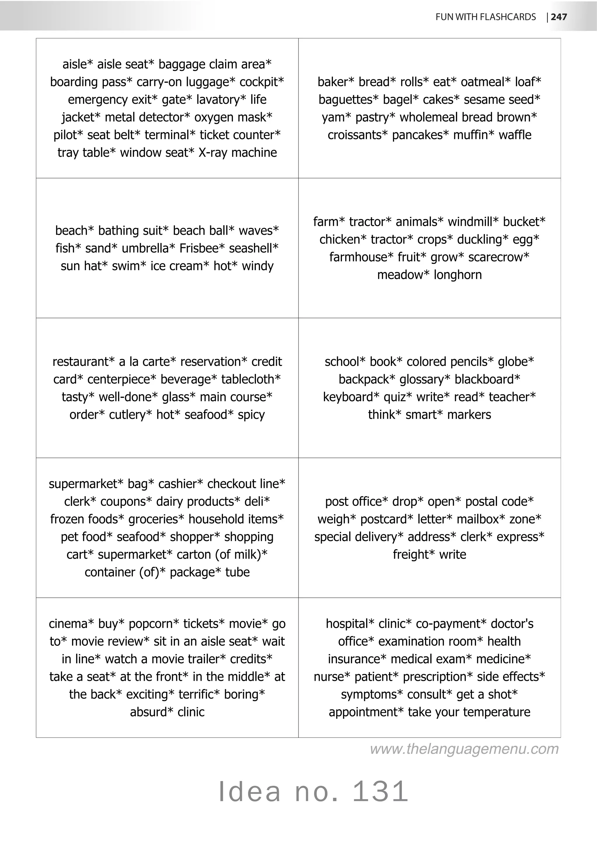FUN WITH FLASHCARDS | 247
Idea no. 131
aisle* aisle seat* baggage claim area*
boarding pass* carry-on luggage* cockpit*
emergency exit* gate* lavatory* life
jacket* metal detector* oxygen mask*
pilot* seat belt* terminal* ticket counter*
tray table* window seat* X-ray machine
baker* bread* rolls* eat* oatmeal* loaf*
baguettes* bagel* cakes* sesame seed*
yam* pastry* wholemeal bread brown*
croissants* pancakes* muffin* waffle
beach* bathing suit* beach ball* waves*
fish* sand* umbrella* Frisbee* seashell*
sun hat* swim* ice cream* hot* windy
farm* tractor* animals* windmill* bucket*
chicken* tractor* crops* duckling* egg*
farmhouse* fruit* grow* scarecrow*
meadow* longhorn
restaurant* a la carte* reservation* credit
card* centerpiece* beverage* tablecloth*
tasty* well-done* glass* main course*
order* cutlery* hot* seafood* spicy
school* book* colored pencils* globe*
backpack* glossary* blackboard*
keyboard* quiz* write* read* teacher*
think* smart* markers
supermarket* bag* cashier* checkout line*
clerk* coupons* dairy products* deli*
frozen foods* groceries* household items*
pet food* seafood* shopper* shopping
cart* supermarket* carton (of milk)*
container (of)* package* tube
post office* drop* open* postal code*
weigh* postcard* letter* mailbox* zone*
special delivery* address* clerk* express*
freight* write
cinema* buy* popcorn* tickets* movie* go
to* movie review* sit in an aisle seat* wait
in line* watch a movie trailer* credits*
take a seat* at the front* in the middle* at
the back* exciting* terrific* boring*
absurd* clinic
hospital* clinic* co-payment* doctor's
office* examination room* health
insurance* medical exam* medicine*
nurse* patient* prescription* side effects*
symptoms* consult* get a shot*
appointment* take your temperature
www.thelanguagemenu.com
 