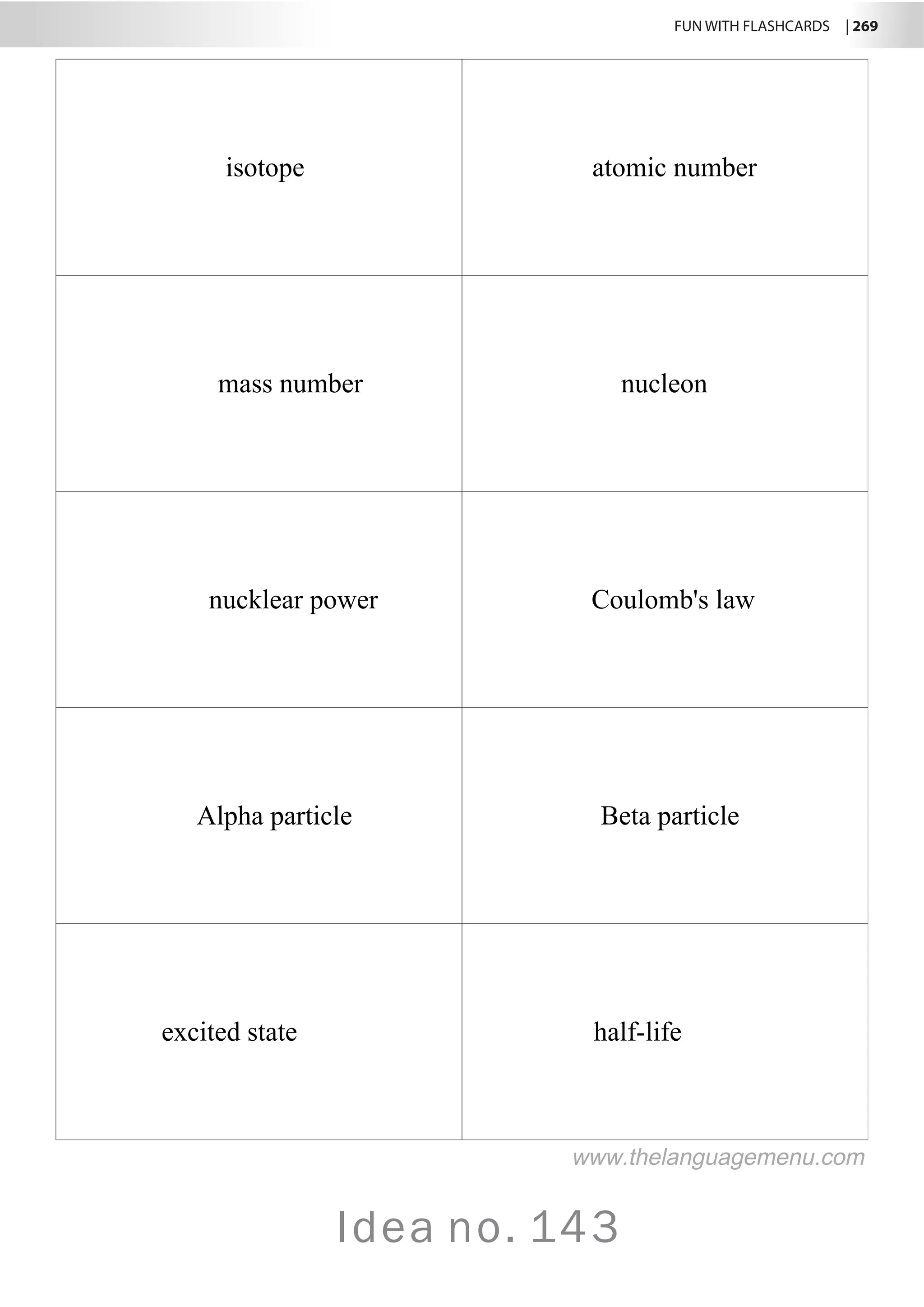 FUN WITH FLASHCARDS | 269
Idea no. 143
isotope atomic number
mass number nucleon
nucklear power Coulomb's law
Alpha particle Beta particle
excited state half-life
www.thelanguagemenu.com
 
