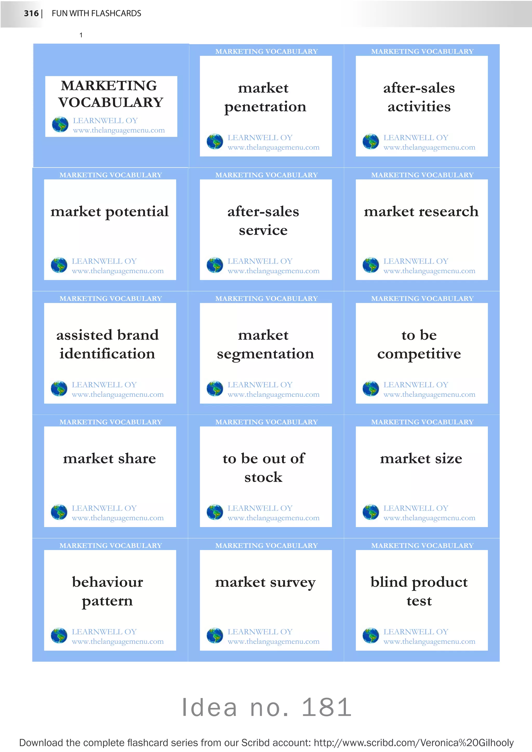 316 |  FUN WITH FLASHCARDS
Download the complete flashcard series from our Scribd account: http://www.scribd.com/Veronica%20Gilhooly
market
penetration
LEARNWELL OY
www.thelanguagemenu.com
MARKETING VOCABULARY
after-sales
activities
LEARNWELL OY
www.thelanguagemenu.com
MARKETING VOCABULARY
market potential
LEARNWELL OY
www.thelanguagemenu.com
MARKETING VOCABULARY
after-sales
service
LEARNWELL OY
www.thelanguagemenu.com
MARKETING VOCABULARY
market research
LEARNWELL OY
www.thelanguagemenu.com
MARKETING VOCABULARY
assisted brand
identification
LEARNWELL OY
www.thelanguagemenu.com
MARKETING VOCABULARY
market
segmentation
LEARNWELL OY
www.thelanguagemenu.com
MARKETING VOCABULARY
to be
competitive
LEARNWELL OY
www.thelanguagemenu.com
MARKETING VOCABULARY
market share
LEARNWELL OY
www.thelanguagemenu.com
MARKETING VOCABULARY
to be out of
stock
LEARNWELL OY
www.thelanguagemenu.com
MARKETING VOCABULARY
market size
LEARNWELL OY
www.thelanguagemenu.com
MARKETING VOCABULARY
behaviour
pattern
LEARNWELL OY
www.thelanguagemenu.com
MARKETING VOCABULARY
market survey
LEARNWELL OY
www.thelanguagemenu.com
MARKETING VOCABULARY
blind product
test
LEARNWELL OY
www.thelanguagemenu.com
MARKETING VOCABULARY
1
MARKETING
VOCABULARY
LEARNWELL OY
www.thelanguagemenu.com
Idea no. 181
 