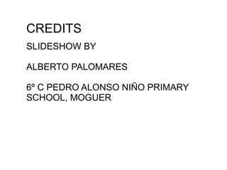 CREDITS
SLIDESHOW BY
ALBERTO PALOMARES
6º C PEDRO ALONSO NIÑO PRIMARY
SCHOOL, MOGUER