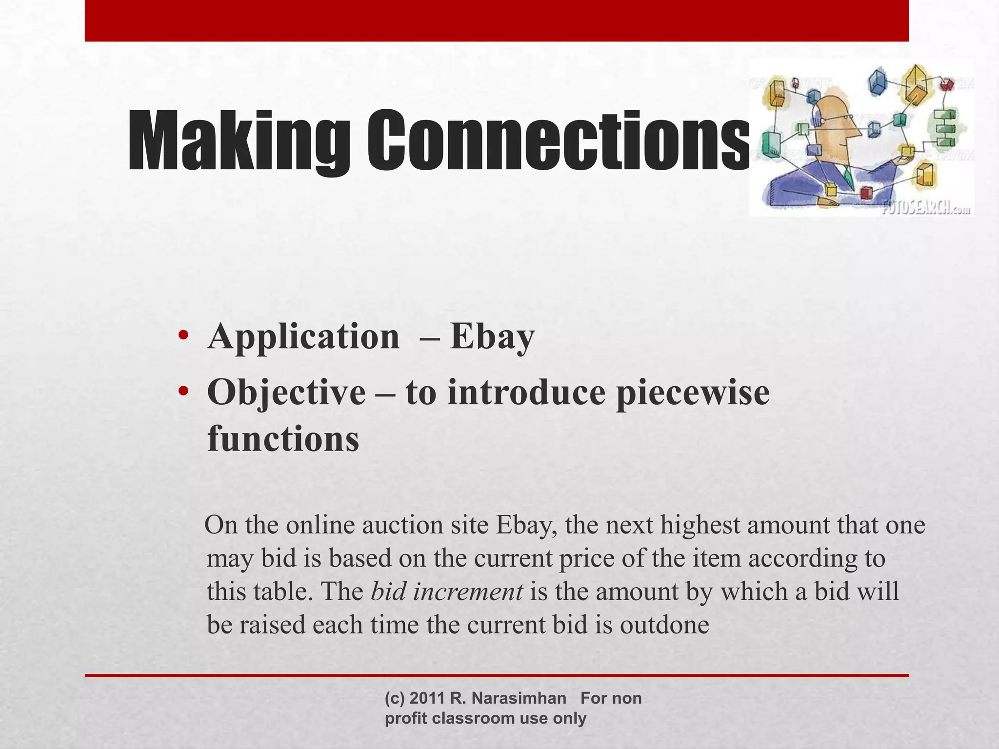 Making Connections

 • Application – Ebay
 • Objective – to introduce piecewise
   functions

  On the online auction site Ebay, the next highest amount that one
  may bid is based on the current price of the item according to
  this table. The bid increment is the amount by which a bid will
  be raised each time the current bid is outdone

                  (c) 2011 R. Narasimhan For non
                  profit classroom use only
 