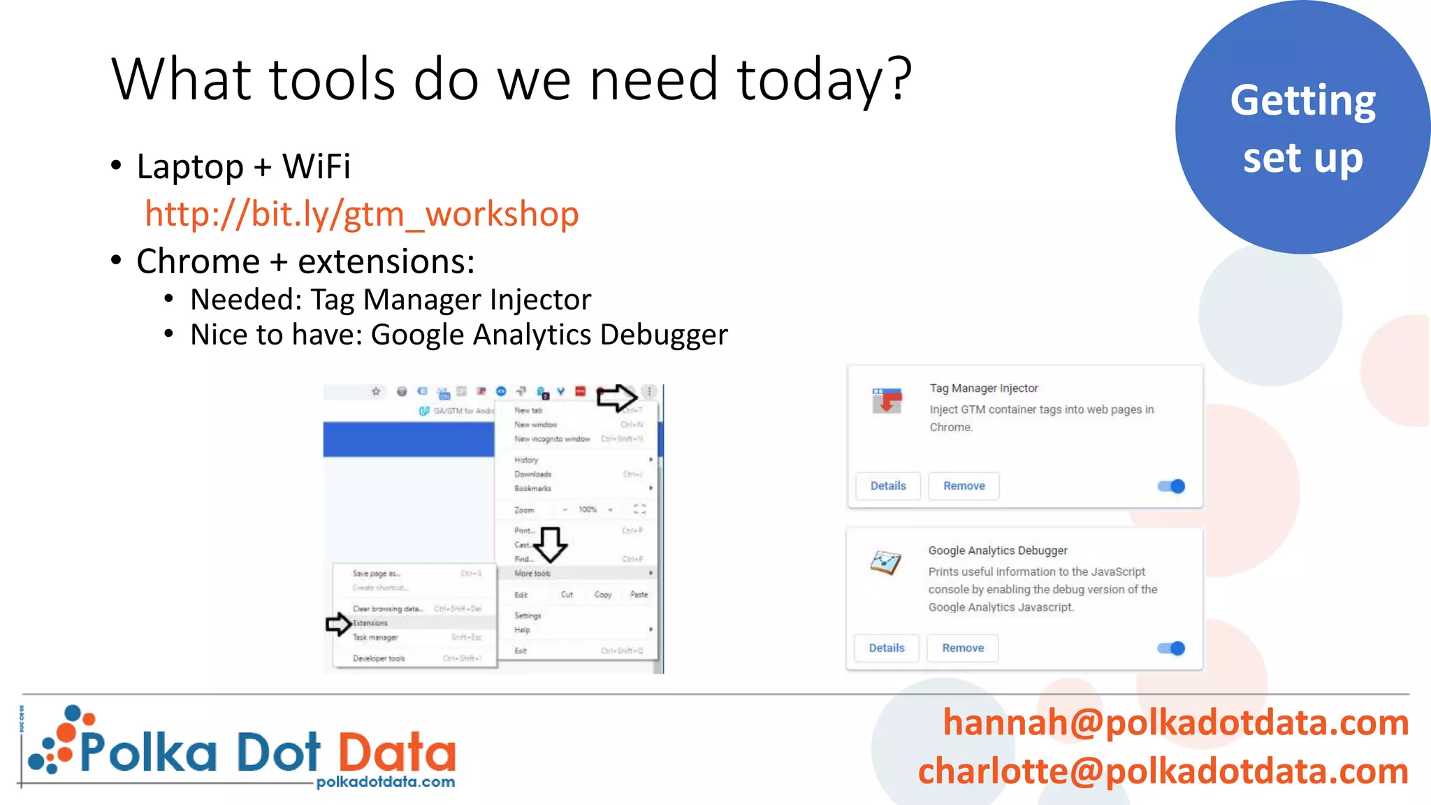 What tools do we need today?
• Laptop + WiFi
http://bit.ly/gtm_workshop
• Chrome + extensions:
• Needed: Tag Manager Injector
• Nice to have: Google Analytics Debugger
Getting
set up
hannah@polkadotdata.com
charlotte@polkadotdata.com
 