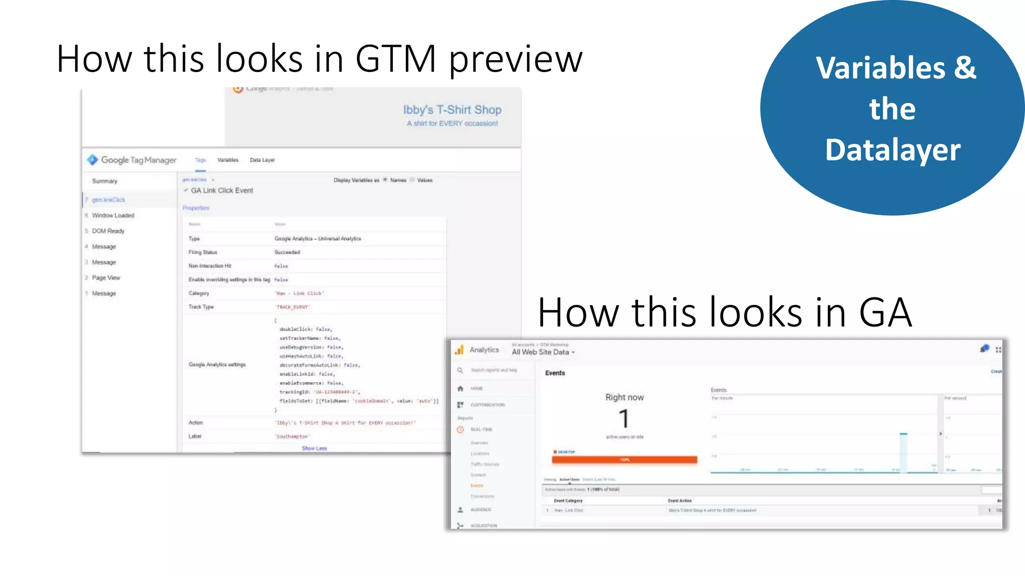 How this looks in GTM preview
How this looks in GA
Variables &
the
Datalayer
 