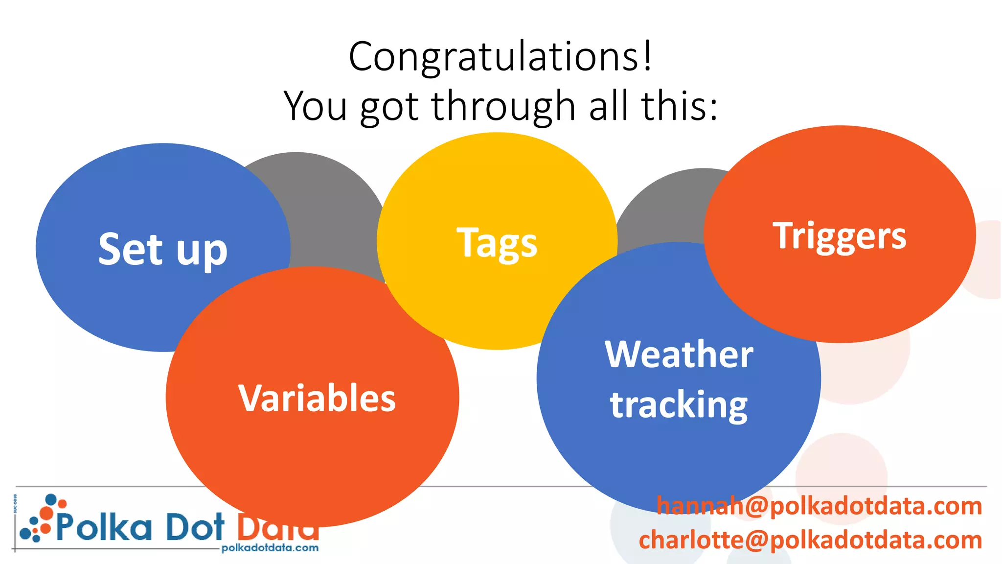 Set up
Variables
Tags
Weather
tracking
hannah@polkadotdata.com
charlotte@polkadotdata.com
Congratulations!
You got through all this:
Triggers
 