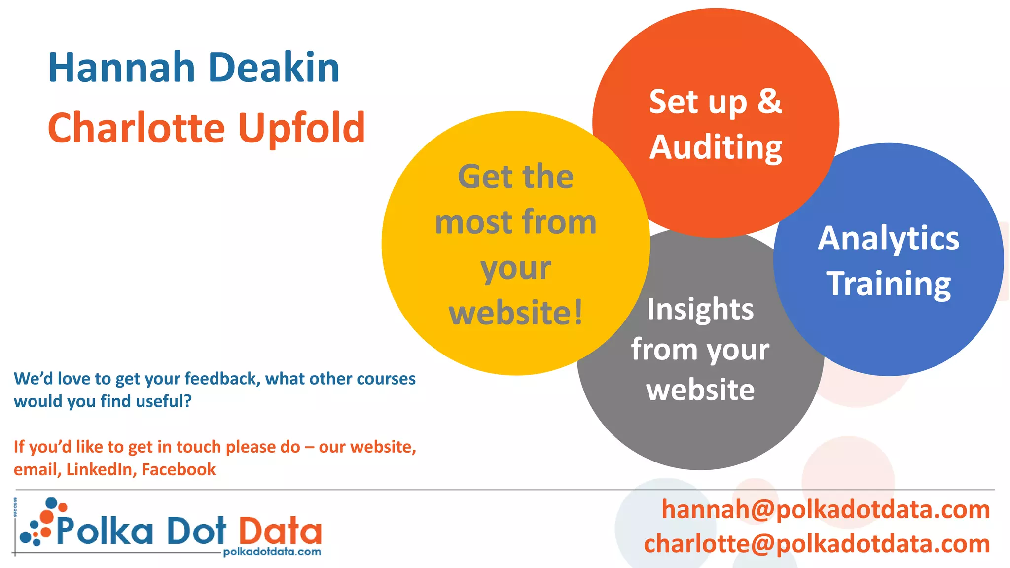 Insights
from your
website
Hannah Deakin
Charlotte Upfold
We’d love to get your feedback, what other courses
would you find useful?
If you’d like to get in touch please do – our website,
email, LinkedIn, Facebook
Analytics
Training
Set up &
Auditing
Get the
most from
your
website!
hannah@polkadotdata.com
charlotte@polkadotdata.com
 
