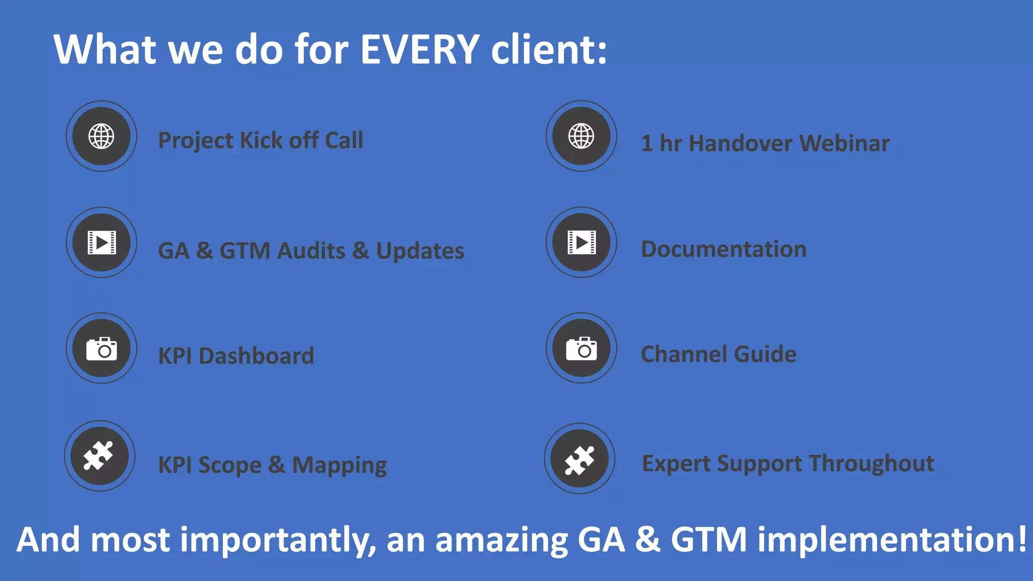 Project Kick off Call
GA & GTM Audits & Updates
KPI Dashboard
KPI Scope & Mapping
What we do for EVERY client:
1 hr Handover Webinar
Documentation
Channel Guide
Expert Support Throughout
And most importantly, an amazing GA & GTM implementation!
 