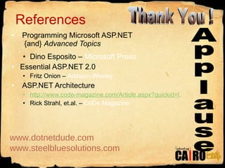 Programming Microsoft ASP.NET   {and}  Advanced Topics Dino Esposito –  Microsoft Press Essential ASP.NET 2.0 Fritz Onion –  Addison-Wesley ASP.NET Architecture http://www.code-magazine.com/Article.aspx?quickid=0511061 Rick Strahl, et.al. –  CoDe Magazine 