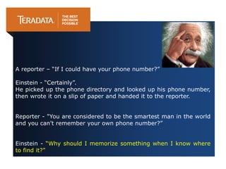A reporter – “If I could have your phone number?”
Einstein - “Certainly”.
He picked up the phone directory and looked up his phone number,
then wrote it on a slip of paper and handed it to the reporter.
Reporter - "You are considered to be the smartest man in the world
and you can't remember your own phone number?”
Einstein - “Why should I memorize something when I know where
to find it?”
 