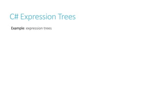 C# Expression Trees
Example: expression trees
 