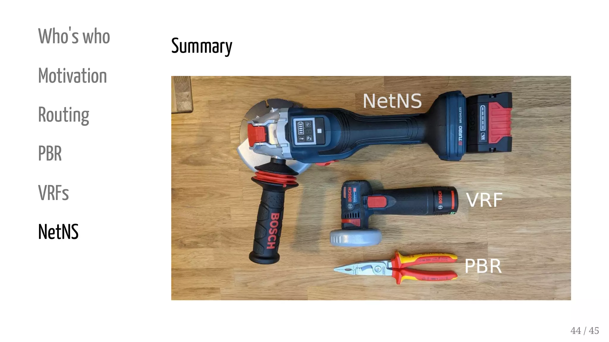 Who's who
Motivation
Routing
PBR
VRFs
NetNS
Summary
44 / 45
 