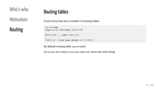 Who's who
Motivation
Routing
Routing tables
Every Linux box has a number of routing tables
$ ip route help
Usage: ip route...