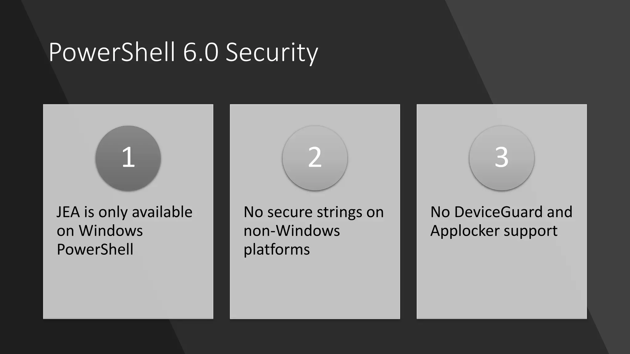 PowerShell 6.0 Security
JEA is only available
on Windows
PowerShell
1
No secure strings on
non-Windows
platforms
2
No DeviceGuard and
Applocker support
3
 