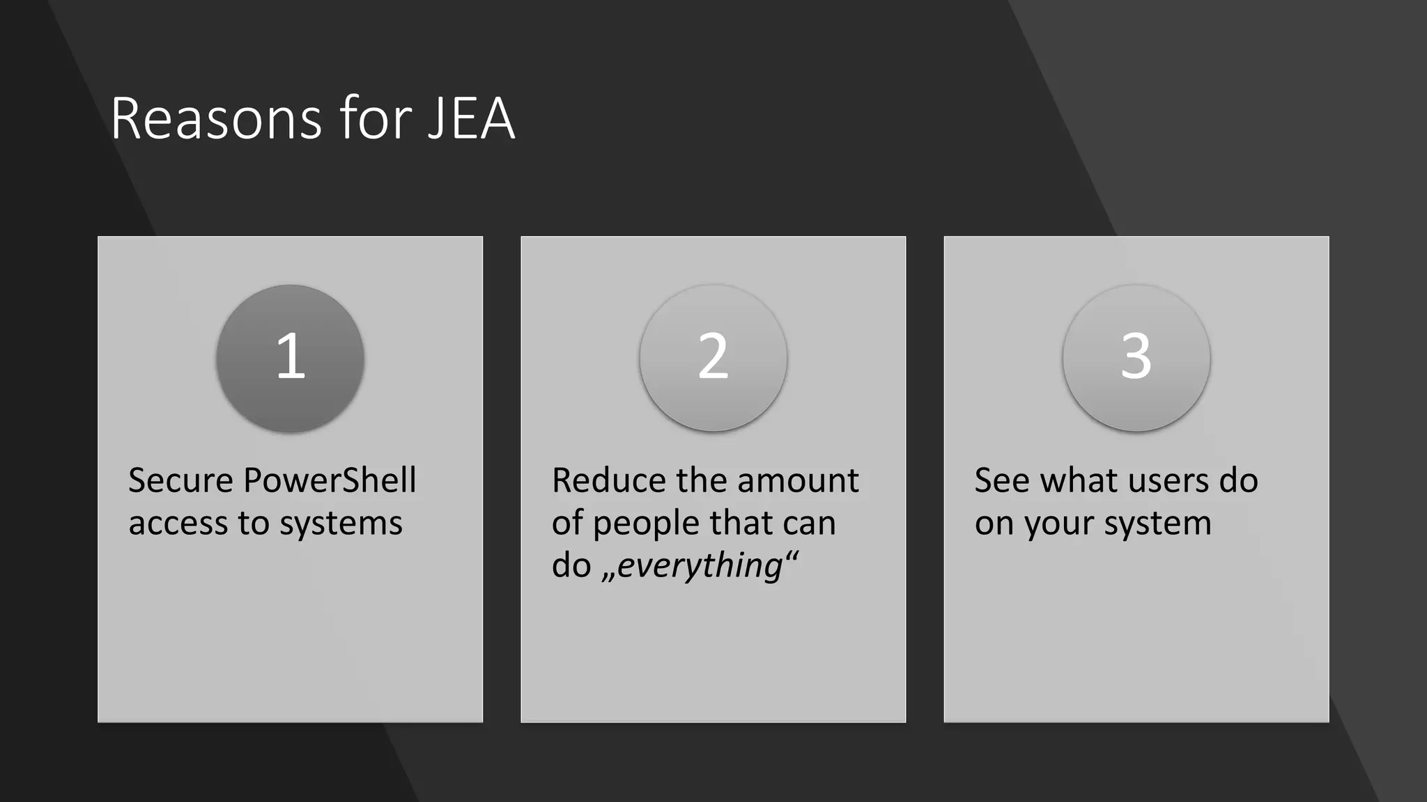 Reasons for JEA
Secure PowerShell
access to systems
1
Reduce the amount
of people that can
do „everything“
2
See what users do
on your system
3
 