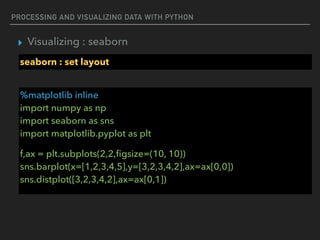 PROCESSING AND VISUALIZING DATA WITH PYTHON
▸ Visualizing : seaborn
seaborn : set layout
%matplotlib inline 
import numpy as np 
import seaborn as sns 
import matplotlib.pyplot as plt
f,ax = plt.subplots(2,2,ﬁgsize=(10, 10)) 
sns.barplot(x=[1,2,3,4,5],y=[3,2,3,4,2],ax=ax[0,0]) 
sns.distplot([3,2,3,4,2],ax=ax[0,1])
 