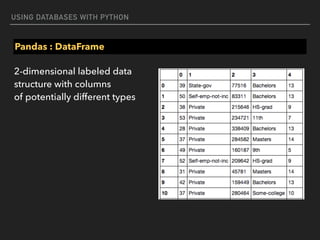 USING DATABASES WITH PYTHON
Pandas : DataFrame
2-dimensional labeled data  
structure with columns  
of potentially different types
 
