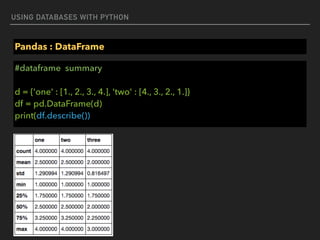 USING DATABASES WITH PYTHON
Pandas : DataFrame
#dataframe summary 
 
d = {'one' : [1., 2., 3., 4.], 'two' : [4., 3., 2., 1.]} 
df = pd.DataFrame(d) 
print(df.describe())
 
