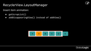 CONFIDENTIAL
RecyclerView.LayoutManager
● getScrapList()
● addDisappearingView() instead of addView()
Insert item animation:
A B C D EA EB C DX
 