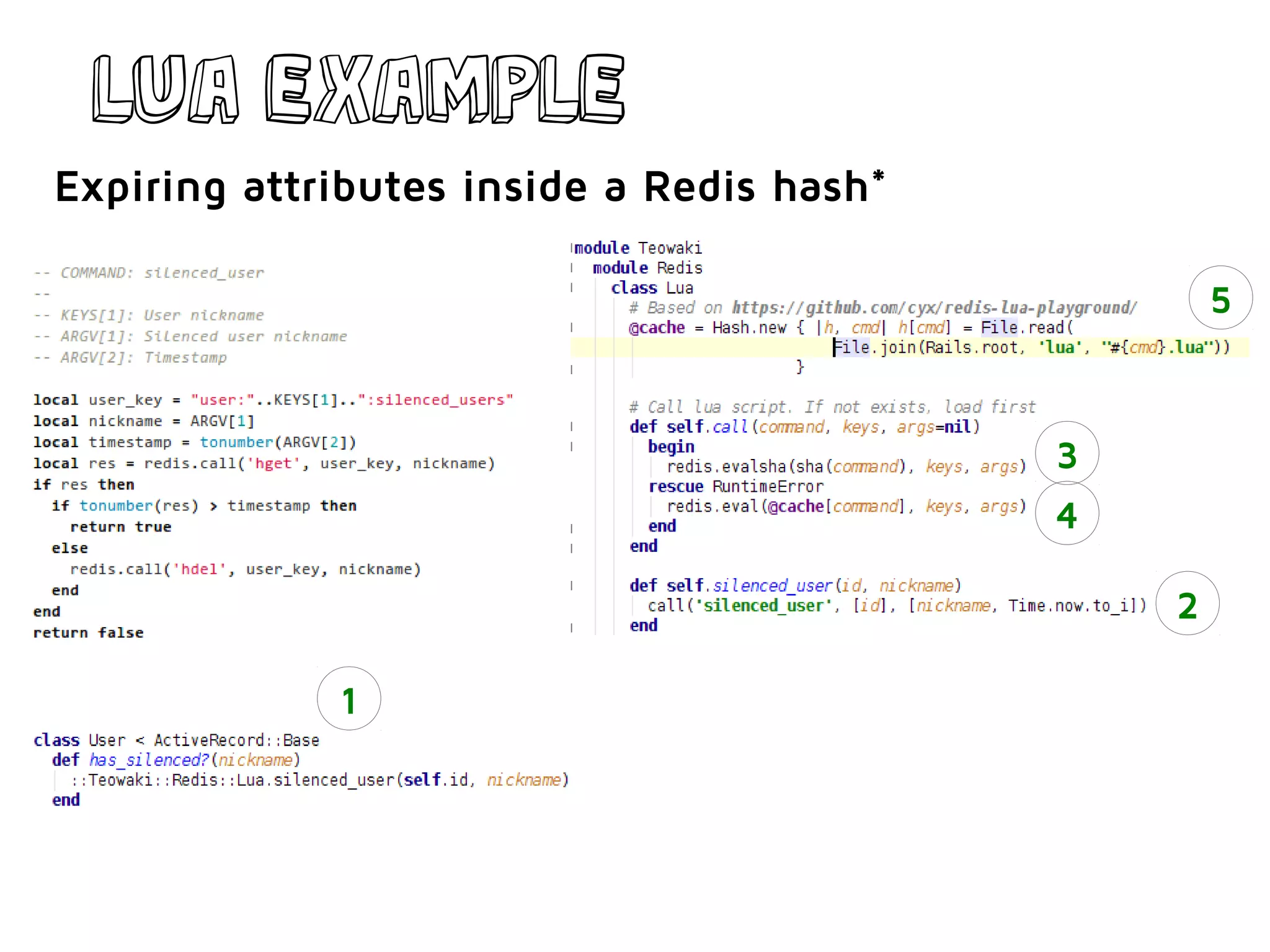 LUA example
Expiring attributes inside a Redis hash*
1
2
4
5
3
 