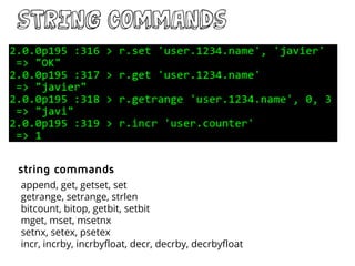 STRING commands
string commands
append, get, getset, set
getrange, setrange, strlen
bitcount, bitop, getbit, setbit
mget, mset, msetnx
setnx, setex, psetex
incr, incrby, incrbyfloat, decr, decrby, decrbyfloat
 