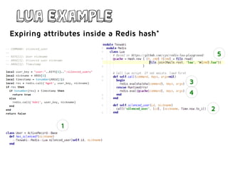 LUA example
Expiring attributes inside a Redis hash*
1
2
4
5
3
 