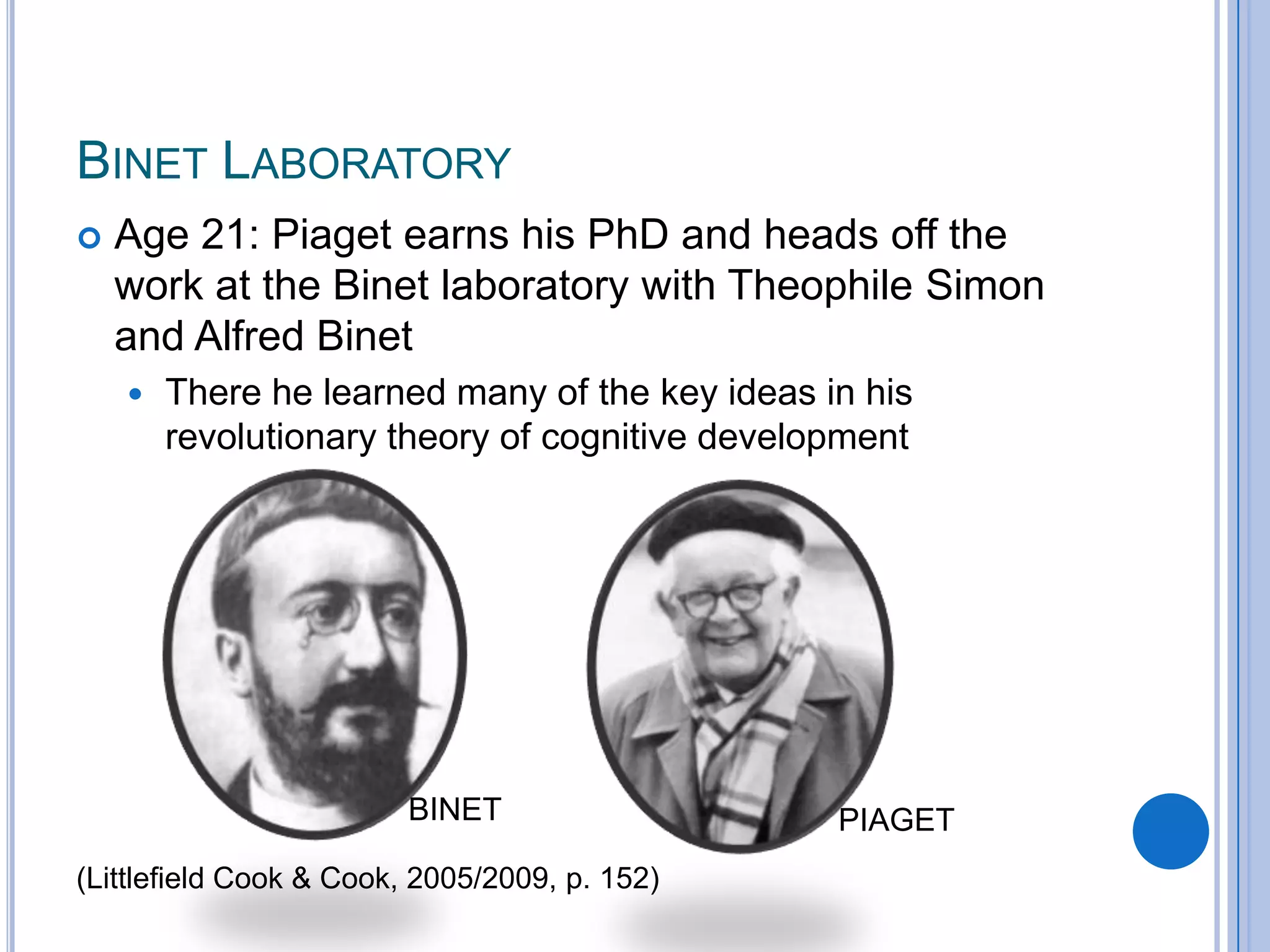 BINET LABORATORY
   Age 21: Piaget earns his PhD and heads off the
    work at the Binet laboratory with Theophile Simon
    and Alfred Binet
       There he learned many of the key ideas in his
        revolutionary theory of cognitive development




                         BINET                  PIAGET
(Littlefield Cook & Cook, 2005/2009, p. 152)
 
