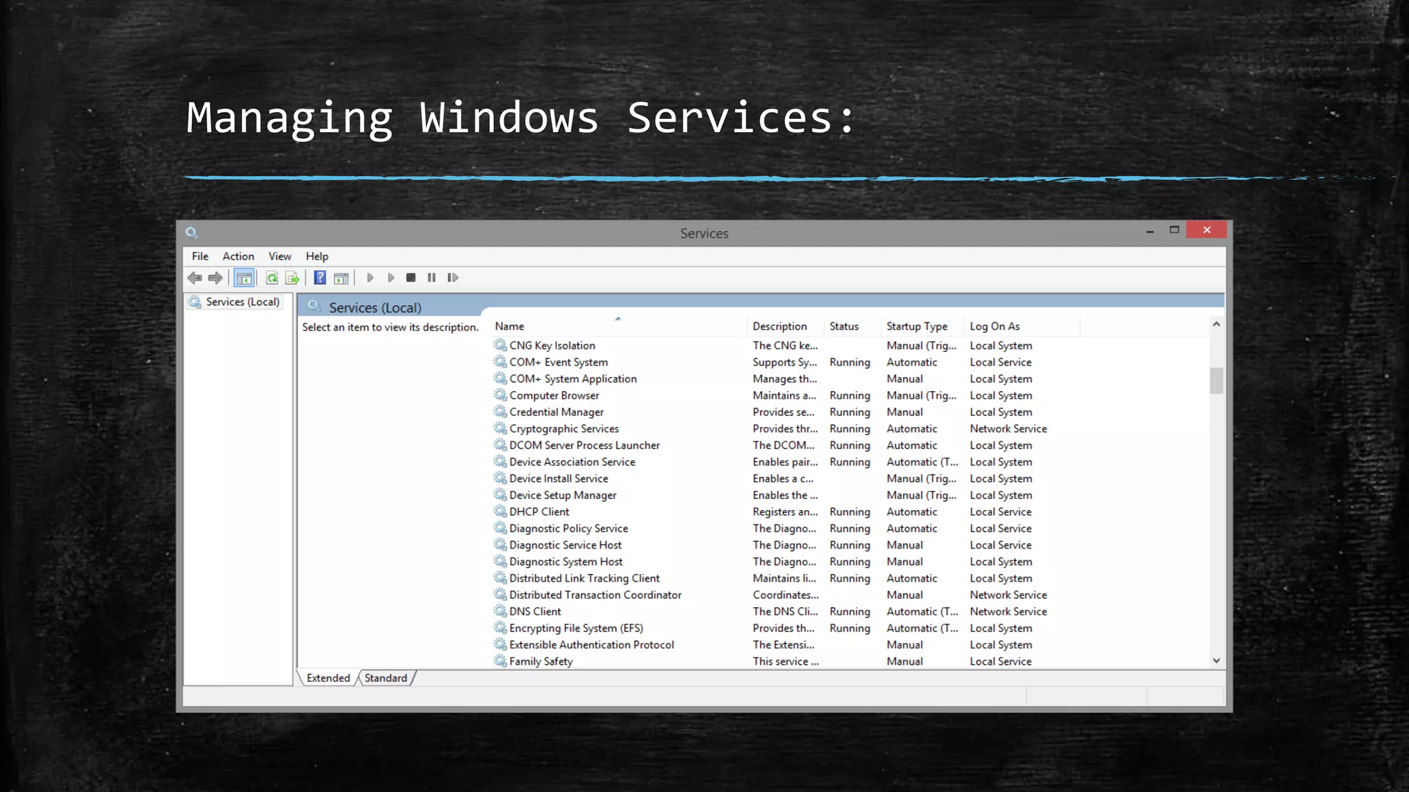 Managing Windows Services: 
6 
5 
4 
3 
2 
1 
0 
Chart Title 
Category 1 Category 2 Category 3 Category 4 
Series 1 Series 2 Series 3 
 