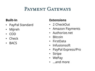 Payment Gateways
Built-In
• PayPal Standard
• Mijireh
• COD
• Check
• BACS
Extensions
• 2 CheckOut
• Amazon Payments
• Authorize.net
• Bitcoin
• FirstData
• Infusionsoft
• PayPal Express/Pro
• Stripe
• WePay
• …and more
 