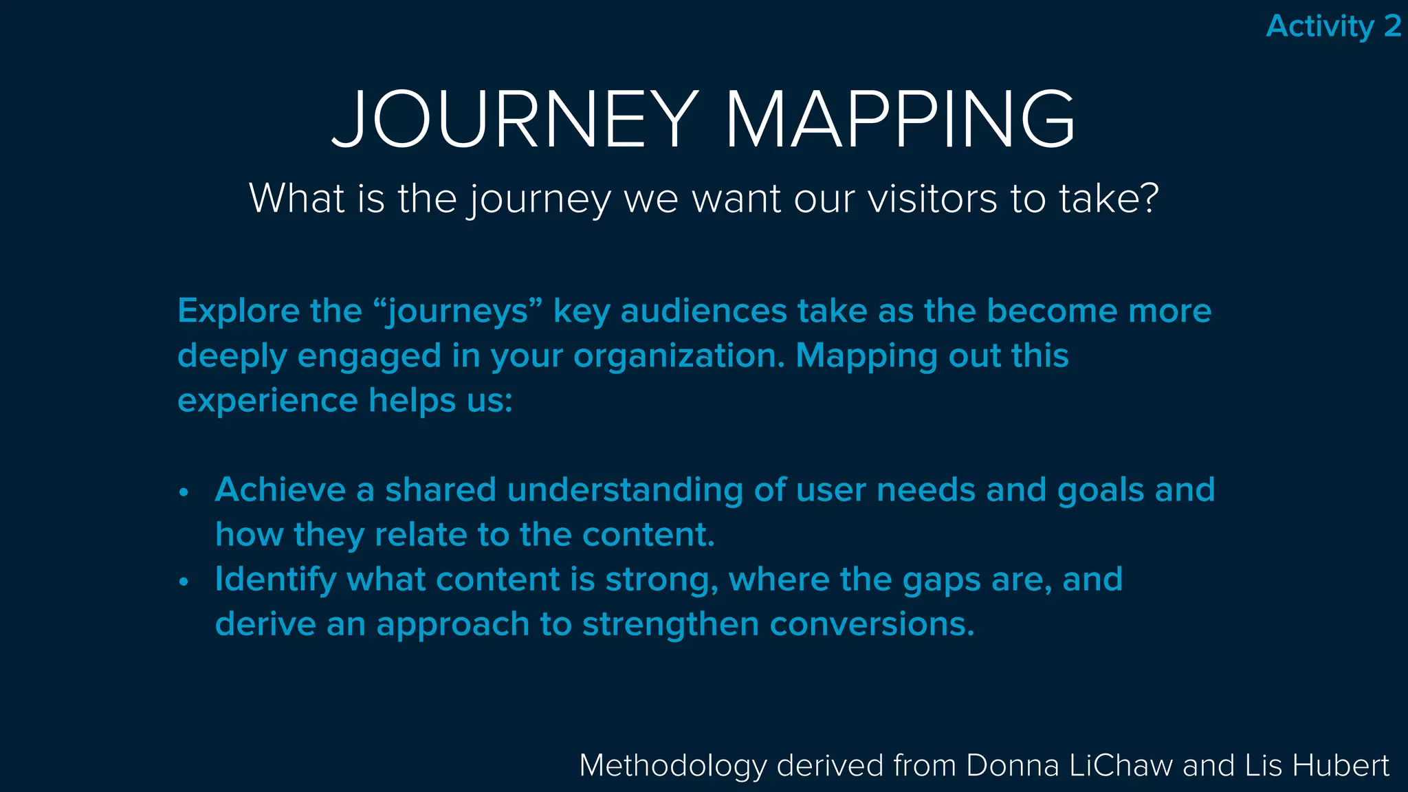 JOURNEY MAPPING 
What is the journey we want our visitors to take?
Explore the “journeys” key audiences take as the become more
deeply engaged in your organization. Mapping out this
experience helps us:
• Achieve a shared understanding of user needs and goals and
how they relate to the content.
• Identify what content is strong, where the gaps are, and
derive an approach to strengthen conversions.
Methodology derived from Donna LiChaw and Lis Hubert
Activity 2
 