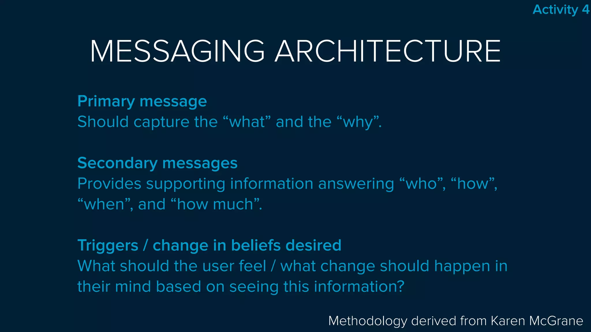 MESSAGING ARCHITECTURE 
Primary message
Should capture the “what” and the “why”.
Secondary messages
Provides supporting information answering “who”, “how”,
“when”, and “how much”.
Triggers / change in beliefs desired
What should the user feel / what change should happen in
their mind based on seeing this information?
Methodology derived from Karen McGrane
Activity 4
 