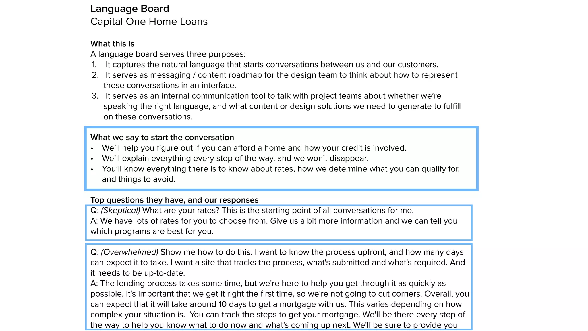 Language Board
Capital One Home Loans
What this is
A language board serves three purposes:
1. It captures the natural language that starts conversations between us and our customers.
2. It serves as messaging / content roadmap for the design team to think about how to represent
these conversations in an interface.
3. It serves as an internal communication tool to talk with project teams about whether we’re
speaking the right language, and what content or design solutions we need to generate to fulfill
on these conversations.
What we say to start the conversation
• We’ll help you figure out if you can afford a home and how your credit is involved.
• We’ll explain everything every step of the way, and we won’t disappear.
• You’ll know everything there is to know about rates, how we determine what you can qualify for,
and things to avoid.
Top questions they have, and our responses
Q: (Skeptical) What are your rates? This is the starting point of all conversations for me.
A: We have lots of rates for you to choose from. Give us a bit more information and we can tell you
which programs are best for you.
Q: (Overwhelmed) Show me how to do this. I want to know the process upfront, and how many days I
can expect it to take. I want a site that tracks the process, what's submitted and what's required. And
it needs to be up-to-date.
A: The lending process takes some time, but we're here to help you get through it as quickly as
possible. It's important that we get it right the first time, so we're not going to cut corners. Overall, you
can expect that it will take around 10 days to get a mortgage with us. This varies depending on how
complex your situation is. You can track the steps to get your mortgage. We'll be there every step of
the way to help you know what to do now and what's coming up next. We'll be sure to provide you
 